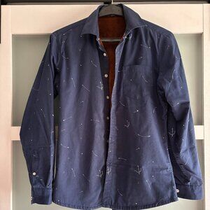 Qiaozhidier Navy Blue Fleece-Lined Archery Print Button Down Shacket - Medium